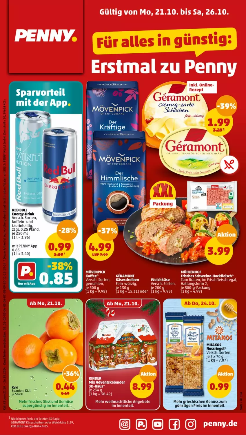 Aktueller Prospekt Penny - Prospekte - von 21.10 bis 26.10.2024 - strona 1 - produkty: angebot, angebote, drink, eis, ente, hero, hochland, mövenpick, nuss, nussriegel, red bull, reis, riegel, Ti