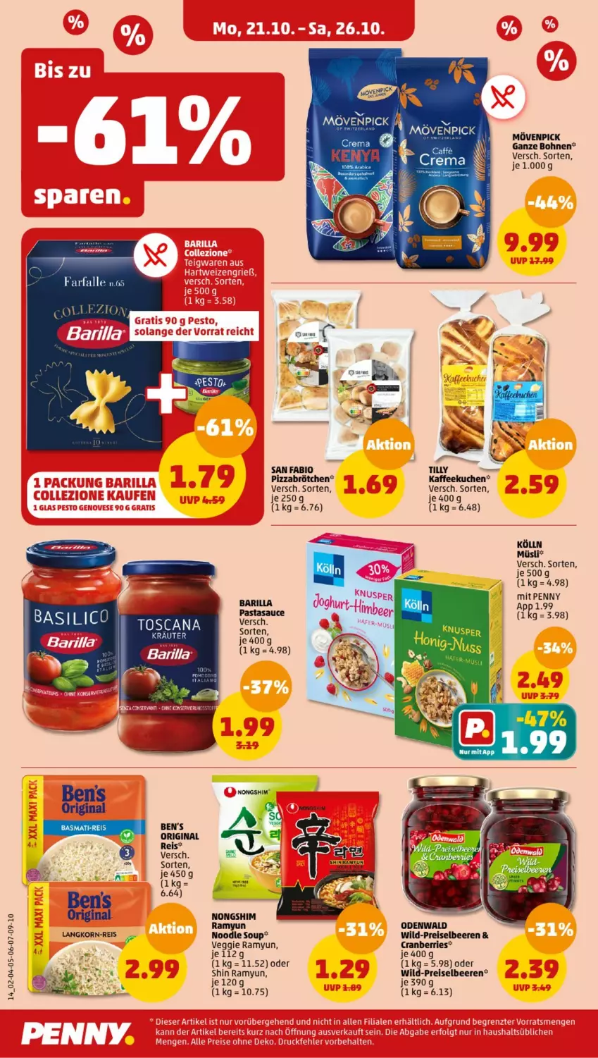 Aktueller Prospekt Penny - Prospekte - von 21.10 bis 26.10.2024 - strona 16 - produkty: barilla, beere, beeren, bio, bohne, bohnen, brötchen, caffe, cranberries, eis, gin, joghur, joghurt, kaffee, kölln, kuchen, mövenpick, müsli, Nashi, odenwald, pizza, reis, Ti, veggie, Wild