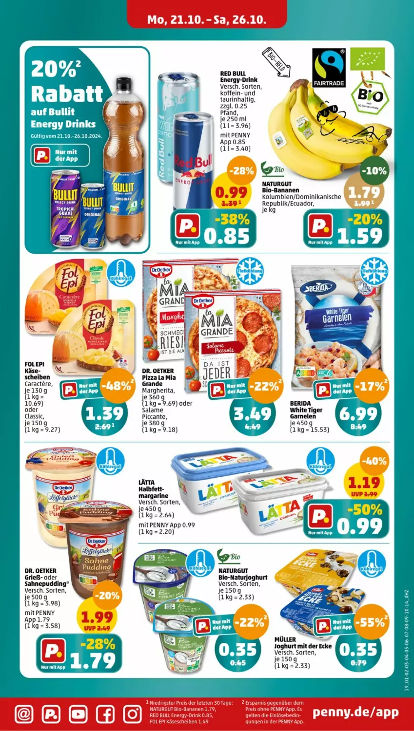 Aktueller Prospekt Penny - Prospekte - von 21.10 bis 26.10.2024 - strona 21 - produkty: banane, bananen, bio, bio-bananen, Dr. Oetker, droetker, garnelen, joghur, joghurt, joghurt mit der ecke, Käse, margarine, margherita, natur, naturjoghurt, pizza, pudding, sahne, Ti