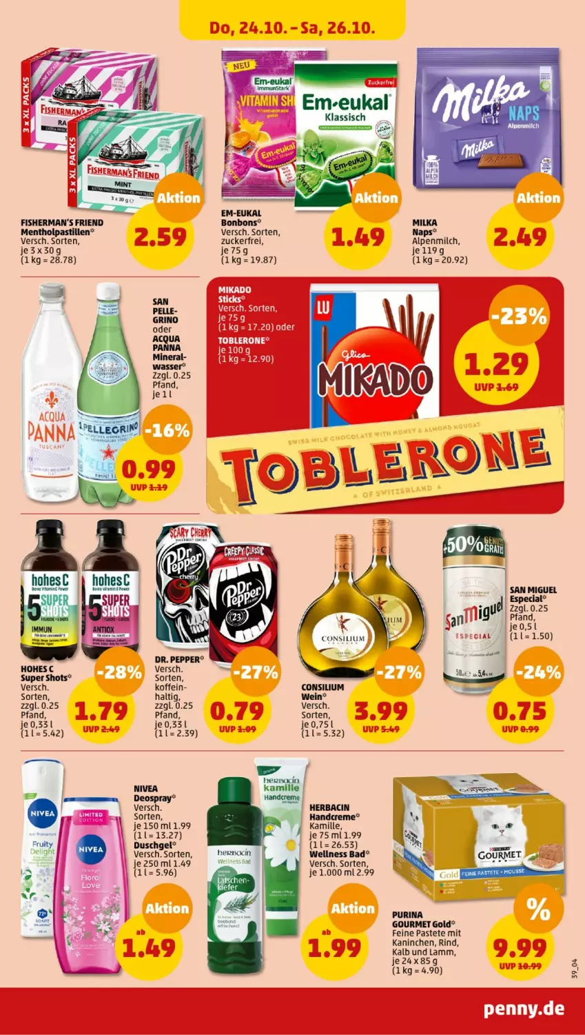 Aktueller Prospekt Penny - Prospekte - von 21.10 bis 26.10.2024 - strona 39 - produkty: alpenmilch, asti, Bad, bonbons, cin, creme, deo, deospray, duschgel, elle, gourmet gold, handcreme, Hohes C, Kamill, kamille, lamm, milch, milka, nivea, pastete, purina, rind, Ti, wasser, wein, zucker