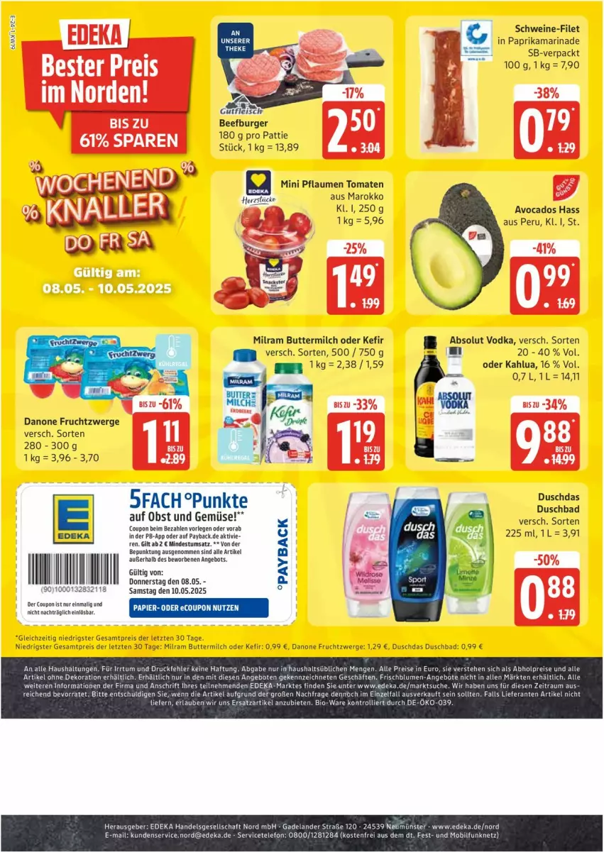 Aktueller Prospekt Edeka - Prospekte - von 05.05 bis 10.05.2025 - strona 24 - produkty: abholpreise, Absolut Vodka, angebot, angebote, avocado, avocados, Bad, beef, bio, blume, blumen, burger, butter, buttermilch, coupon, danone, danone fruchtzwerge, deka, dekoration, duschbad, duschdas, eis, filet, frucht, fruchtzwerge, Kefir, marinade, milch, milram, obst, Obst und Gemüse, paprika, payback, pflaume, pflaumen, reis, schwein, schweine, schweine-filet, Ti, tomate, tomaten, trolli, und gemüse, vodka, wein, weine, ZTE