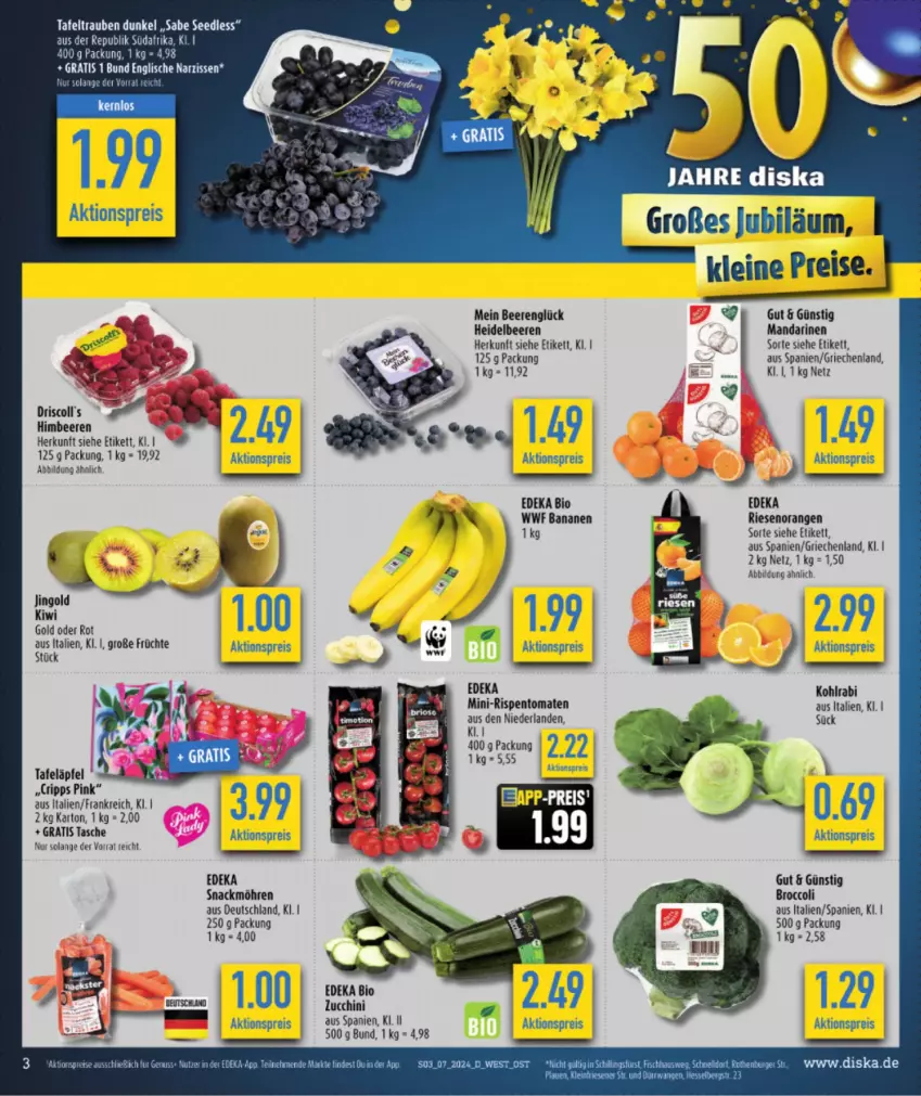 Aktueller Prospekt Diska - von 12.02 bis 17.02.2024 - strona 3 - produkty: aktionspreis, banane, bananen, beere, beeren, bio, broccoli, deka, edeka bio, eis, früchte, heidelbeere, heidelbeeren, himbeer, himbeere, himbeeren, kiwi, Kiwi Gold, kohlrabi, leine, lion, mandarine, mandarinen, mini-rispentomaten, möhren, Narzissen, nuss, reis, rispentomaten, snack, tafeläpfel, tafeltrauben, Tasche, Ti, tomate, tomaten, trauben, zucchini