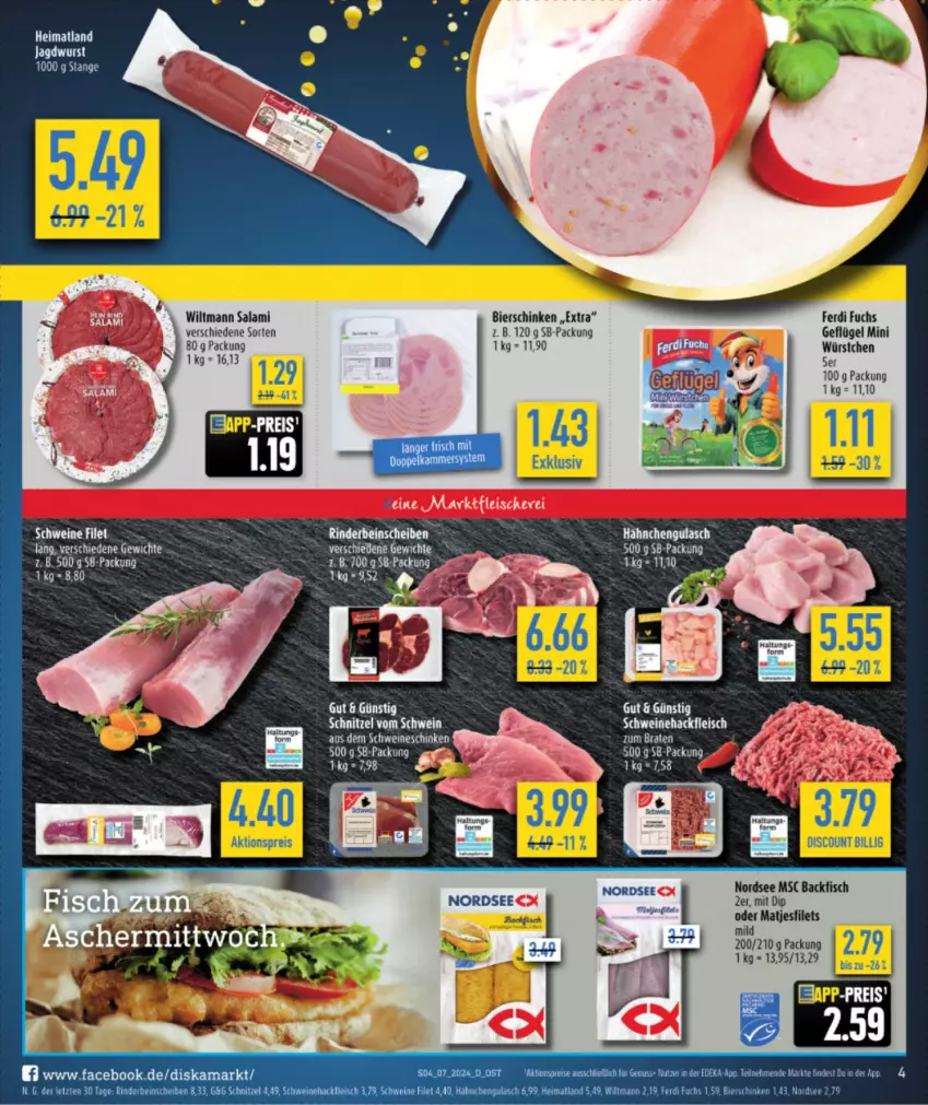 Aktueller Prospekt Diska - von 12.02 bis 17.02.2024 - strona 4 - produkty: aktionspreis, bier, bierschinken, dip, discount, eis, ferdi fuchs, filet, filets, fleisch, Geflügel, gulasch, hackfleisch, jagdwurst, reis, rind, rinder, salami, schinken, schnitzel, schwein, schweine, Schweinehackfleisch, Ti, wein, weine, wiltmann, wurst, würstchen