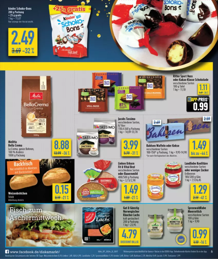 Aktueller Prospekt Diska - von 12.02 bis 17.02.2024 - strona 6 - produkty: auer, bahlsen, Bau, Bauer, beere, beeren, bohne, bohnen, brot, brötchen, discount, erdbeere, erdbeeren, jacobs, jacobs tassimo, kakao, keks, kekse, Kinder, konfitüre, korn, lachs, landliebe, lieken, meerrettich, melitta, nuss, Rettich, ritter, ritter sport, rwe, schoko, schoko-bons, schokolade, sim, Sport, tassimo, tee, Ti, urkorn, vita, waffeln, weizenbrötchen, ZTE, zucker