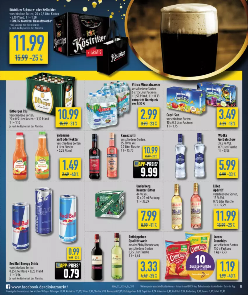 Aktueller Prospekt Diska - von 12.02 bis 17.02.2024 - strona 8 - produkty: aktionspreis, Alwa, aperitif, bier, bitburger, bitburger pils, burger, chips, crunchips, drink, Einkaufstasche, eis, elle, energy drink, fisch, fische, flasche, Gorbatschow, kellerbier, köstritzer, kräuter, lillet, lorenz, mineralwasser, Nektar, nuss, pils, qualitätswein, rama, red bull, reis, rotkäppchen, saft, Tasche, Ti, underberg, valensina, vitrex, wasser, wein, wodka