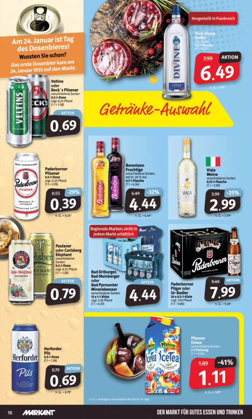 Aktueller Prospekt Markant - Prospekte - von 23.01 bis 28.01.2023 - strona 10 - produkty: Alwa, Bad, berentzen, Berger, bier, burger, carlsberg, flasche, frucht, Hefe, LG, mineralwasser, monte, natur, Paula, paulaner, pils, pilsener, radler, Ti, veltins, wasser, wein, weine