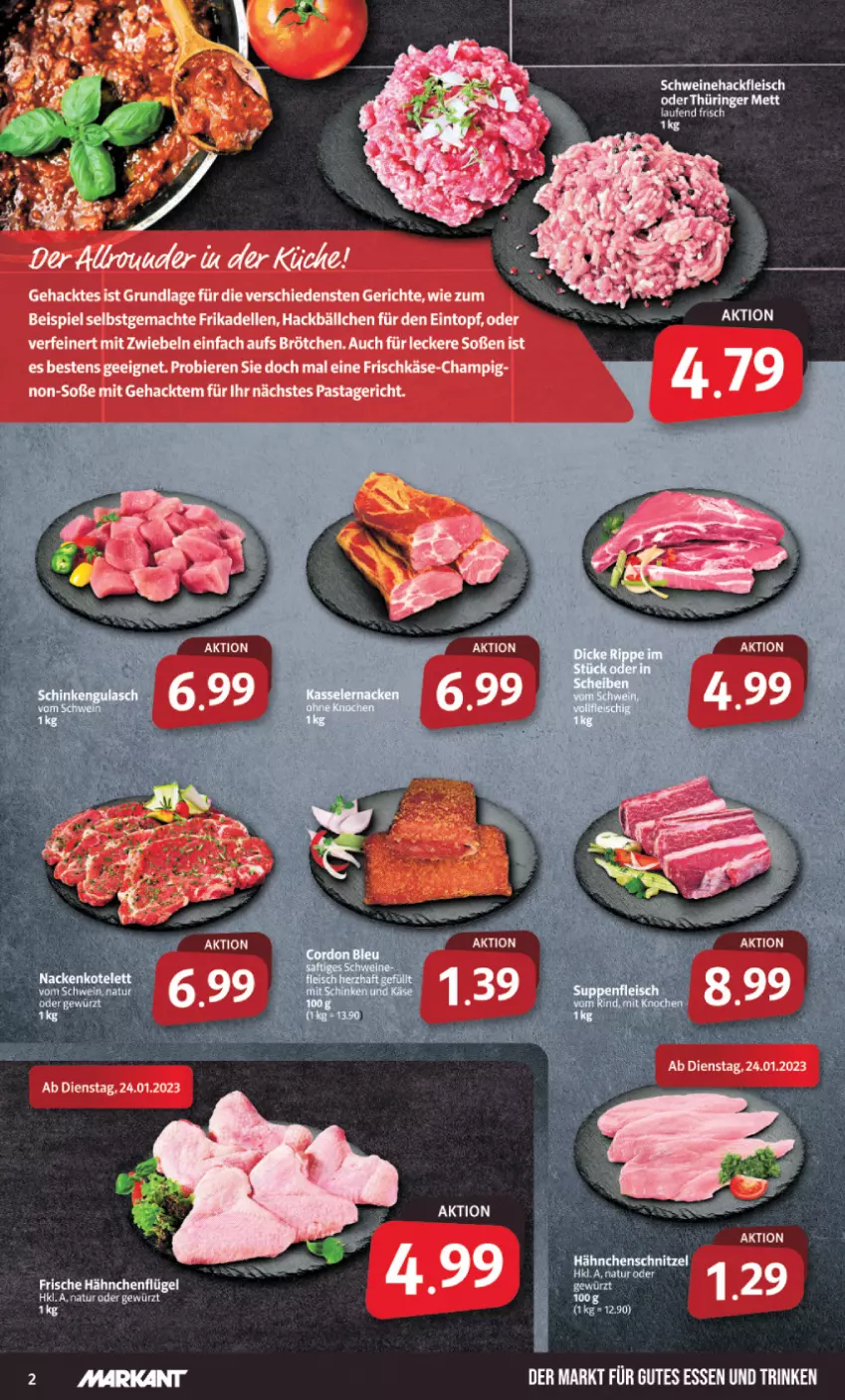 Aktueller Prospekt Markant - Prospekte - von 23.01 bis 28.01.2023 - strona 2 - produkty: bier, Biere, brötchen, dell, eintopf, eis, elle, fleisch, frikadellen, Frische Hähnchen, frischkäse, gutes essen, hackfleisch, hähnchenflügel, Käse, küche, mac, mit zwiebeln, pasta, Pastagericht, schwein, schweine, Schweinehackfleisch, Soße, Ti, topf, wein, weine, zwiebel, zwiebeln