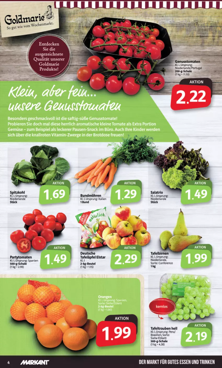 Aktueller Prospekt Markant - Prospekte - von 23.01 bis 28.01.2023 - strona 4 - produkty: beutel, Birnen, Bundmöhren, goldmarie, gutes essen, möhren, nuss, salat, Schal, Schale, spitzkohl, tafeläpfel, tafelbirnen, tafeltrauben, Ti, tomate, tomaten, trauben