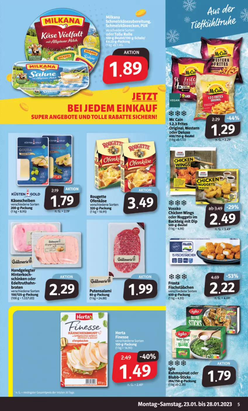 Aktueller Prospekt Markant - Prospekte - von 23.01 bis 28.01.2023 - strona 5 - produkty: angebot, angebote, beutel, braten, chicken wings, dip, fisch, fischstäbchen, frosta, hähnchenbrust, Käse, käse vielfalt, käsescheiben, milch, nuggets, Ofen, Ofenkäse, pute, Putensalami, rouge, rougette, salami, schinken, spinat, Ti, truthahn, vossko