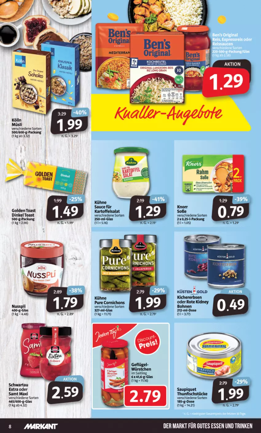 Aktueller Prospekt Markant - Prospekte - von 23.01 bis 28.01.2023 - strona 8 - produkty: bohne, bohnen, fisch, golden toast, gutes essen, kartoffel, kartoffelsalat, knorr, kölln, Kühne, müsli, salat, sauce, saupiquet, Schwartau, Soße, thunfisch, toast