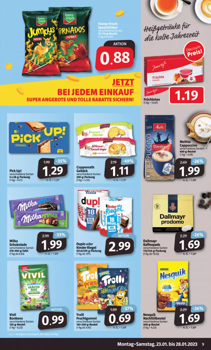 Aktueller Prospekt Markant - Prospekte - von 23.01 bis 28.01.2023 - strona 9 - produkty: beutel, bonbons, dallmayr, dallmayr prodomo, früchte, Früchtetee, kräuter, mint, nesquik, prodomo, schoko, schokolade, tee, trolli