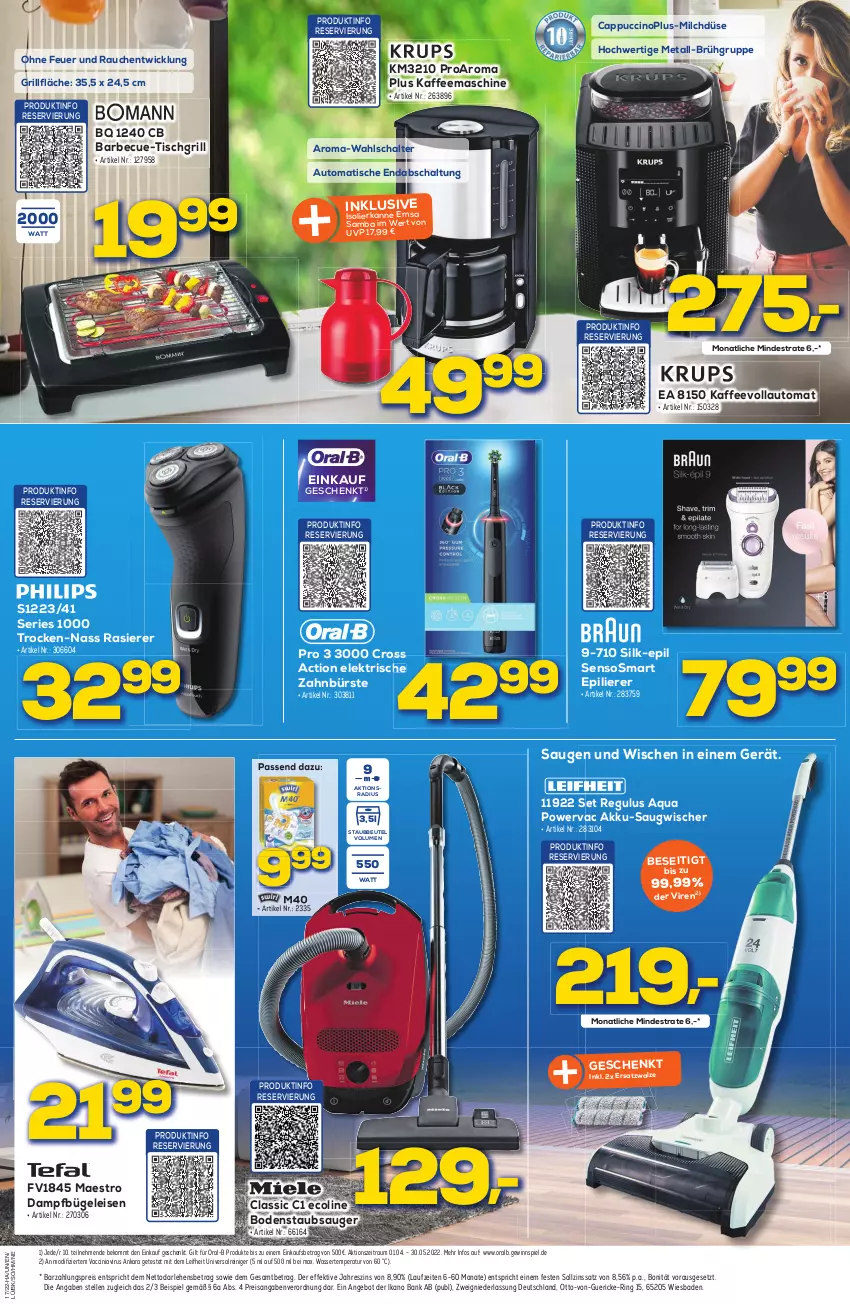 Aktueller Prospekt Berlet - Achtung!  - von 23.04 bis 29.04.2022 - strona 7 - produkty: ACC, akku, angebot, aqua, auto, Bad, Bank, barbecue, beko, beutel, bodenstaubsauger, bügel, Bügeleisen, bürste, Cap, cappuccino, cin, cross action, dampfbügeleisen, eis, elektrische zahnbürste, elle, emsa, epilierer, gewinnspiel, grill, grillfläche, isolierkanne, kaffee, kaffeemaschine, kaffeevollautomat, leifheit, milch, oral-b, oralb, rasierer, Rauch, reiniger, reis, ring, Saugwischer, Schal, staubbeutel, staubsauger, Ti, tisch, tischgrill, wasser, WICK, zahnbürste