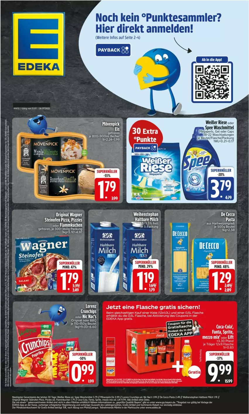 Aktueller Prospekt Edeka - Prospekte - von 21.07 bis 26.07.2025 - strona 1 - produkty: beutel, buch, Cap, chips, coca-cola, cola, De Cecco, ecco, eier, eis, ente, fanta, flasche, gin, haltbare milch, lorenz, Mezzo Mix, milch, Ofen, original wagner, pizza, spee, sprite, steinofen, steinofen pizza, tee, tesa, Ti, uhr, wagner, waschmittel, weihenstephan