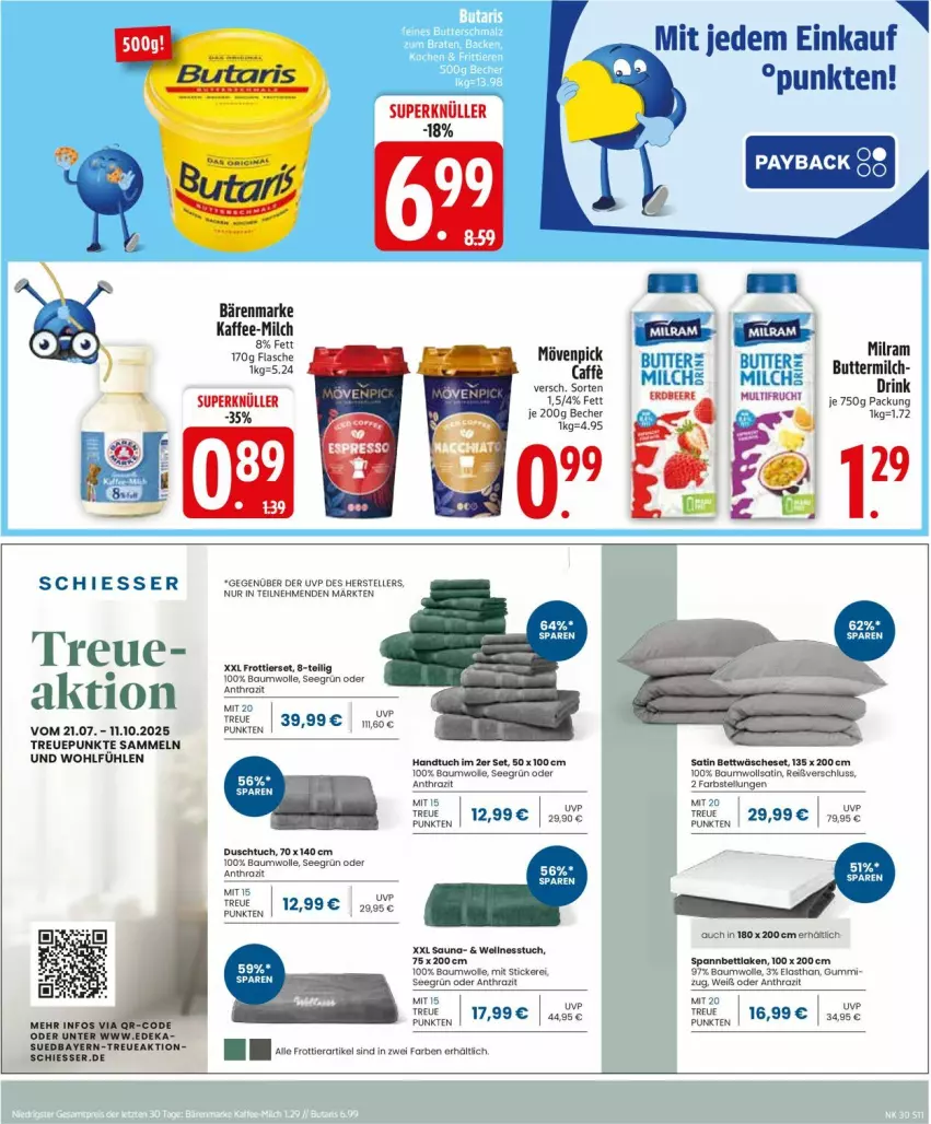 Aktueller Prospekt Edeka - Prospekte - von 21.07 bis 26.07.2025 - strona 13 - produkty: bärenmarke, Bau, baumwolle, bett, bettwäsche, butter, caffe, deka, duschtuch, elle, flasche, handtuch, kaffee, milch, milram, mövenpick, teller, Ti, tuc, Wellnesstuch, wolle