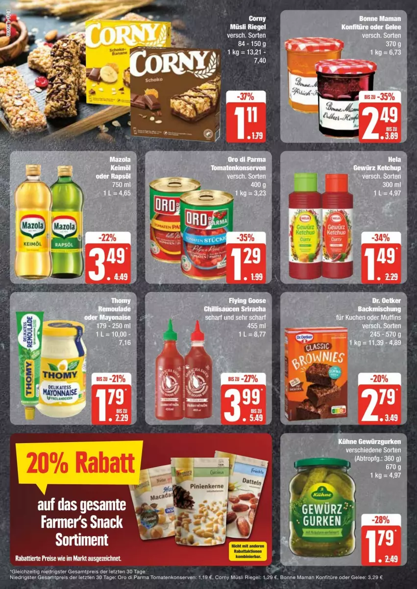 Aktueller Prospekt Edeka - Prospekte - von 21.09 bis 28.09.2024 - strona 14 - produkty: backmischung, banane, bonne maman, corny, Dr. Oetker, eis, gelee, gewürz, Gewürzgurke, gewürzgurken, gurke, gurken, konfitüre, Konserven, Kühne, mam, müsli, oro di parma, reis, riegel, sauce, saucen, snack, Sriracha, Ti, tomate, tomaten, tomatenkonserven, ZTE