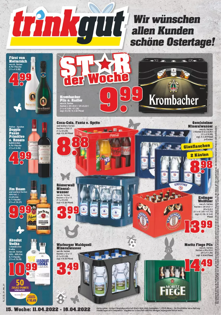 Aktueller Prospekt Trinkgut - von 11.04 bis 16.04.2022 - strona 1 - produkty: Absolut Vodka, Alwa, angebot, angebotspreis, bourbon, burger, coca-cola, cola, deka, deutschlandcard, doppio passo, eis, erde, fanta, fürst von metternich, gerolsteine, gerolsteiner, jim beam, LG, Mett, metternich, mineralwasser, passo, pils, reis, rosato, sprite, steiner, Ti, uhr, vodka, wasser