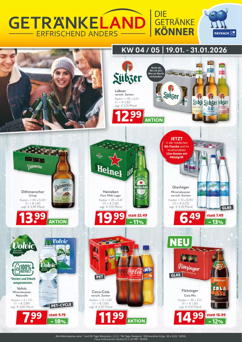 Aktueller Prospekt Getraenkeland - von 18.01 bis 30.01.2026 - strona 1 - produkty: aktionspreis, Alwa, bestpreis, bestpreise, coca-cola, cola, decke, Deckel, eis, elle, getränk, getränke, heineken, Lübzer, mars, mineralwasser, natur, reis, rel, Ti, urtyp, volvic, wasser