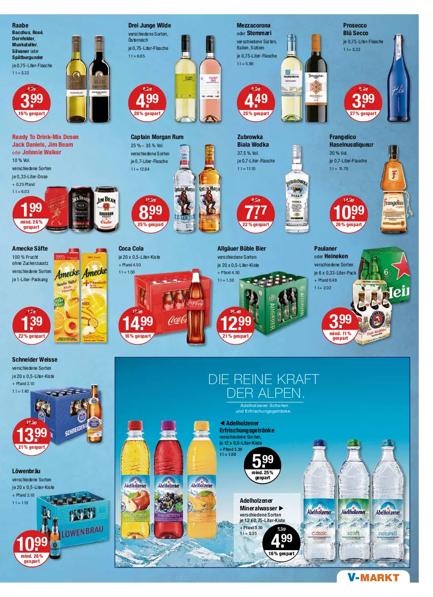 Aktueller Prospekt Vmarkt - V-Markt - von 23.06 bis 29.06.2022 - strona 9 - produkty: ACC, adelholzener, Alwa, amecke, bier, burgunder, Cap, captain morgan, cola, corona, dornfelder, drink, ecco, eis, elle, erfrischungsgetränk, erfrischungsgetränke, flasche, frangelico, frucht, getränk, getränke, haselnuss, heineken, Holz, jack daniel, jack daniels, jim beam, johnnie walker, kraft, LG, liqueur, mezzacorona, mineralwasser, nuss, Paula, paulaner, prosecco, rum, säfte, schorle, silvaner, spätburgunder, teller, wasser, Wild, wodka, zucker