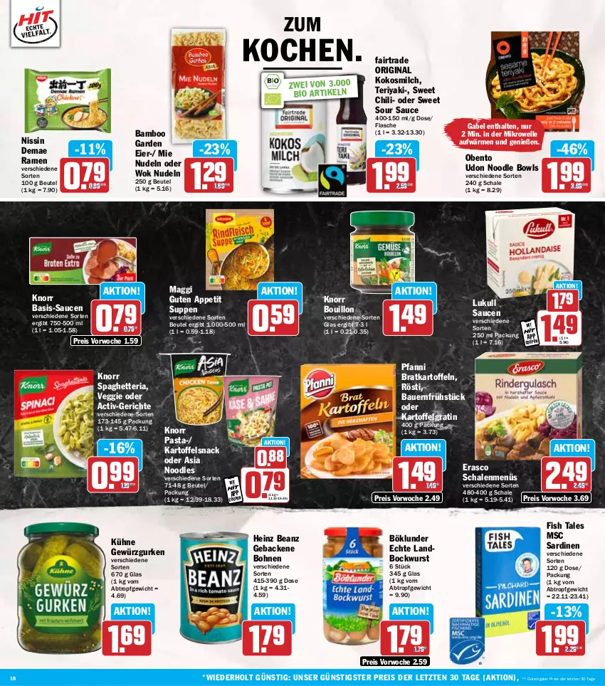 Aktueller Prospekt Hit - Wochenprospekt - von 05.05 bis 10.05.2025 - strona 10 - produkty: auer, bamboo, Bau, Bauer, beanz, beutel, bio, bockwurst, bohne, bohnen, böklunder, chili, coupon, eier, eis, elle, erasco, flasche, gabel, geback, gewürz, Gewürzgurke, gewürzgurken, gin, gurke, gurken, heinz, kartoffel, kartoffeln, knorr, knorr pasta, kokos, kokosmilch, Kühne, LG, lukull, maggi, mikrowelle, milch, Nissin, nudel, nudeln, pasta, pfanni, reis, Ria, Sardinen, sauce, saucen, Schal, Schale, snack, suppe, suppen, Ti, veggie, wok, wurst, ZTE