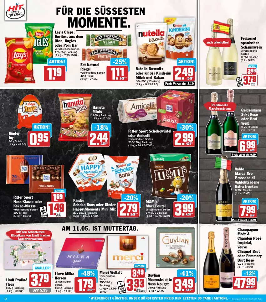Aktueller Prospekt Hit - Wochenprospekt - von 05.05 bis 10.05.2025 - strona 12 - produkty: alkohol, amicelli, beutel, brut, bugles, champagne, champagner, chips, coupon, Doritos, ecco, eis, elle, ente, flasche, freixenet, früchte, geldermann, hanuta, kakao, Kinder, lindt, meeresfrüchte, merci, milch, milka, natur, natura, nuss, nutella, Ofen, prosecco, reis, Ria, riegel, ritter, ritter sport, schoko, schokowürfel, sekt, Sport, Ti, valdo, wein, würfel, ZTE