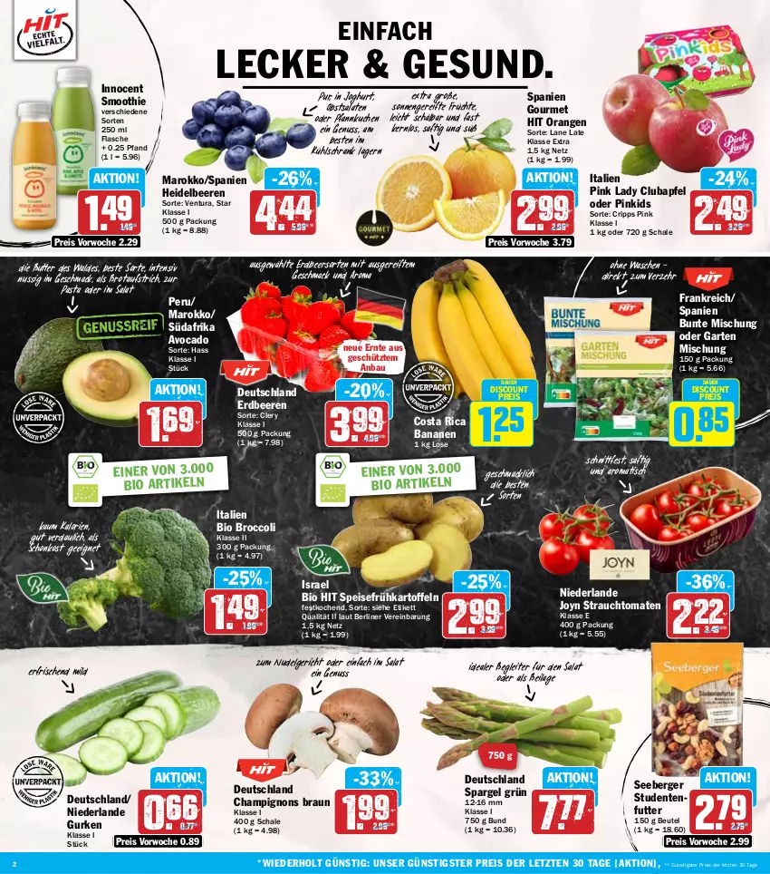 Aktueller Prospekt Hit - Wochenprospekt - von 05.05 bis 10.05.2025 - strona 2 - produkty: apfel, auer, aufstrich, avocado, banane, bananen, Bau, beere, beeren, Berger, berliner, beutel, bio, bio hit, braun, broccoli, brot, brotaufstrich, butter, champignon, champignons, champignons braun, discount, eis, ente, erdbeere, erdbeeren, flasche, früchte, Frühkartoffeln, Garten, gurke, gurken, heidelbeere, heidelbeeren, ilag, Innocent, joghur, joghurt, kartoffel, kartoffeln, kuchen, kühlschrank, LG, mac, nudel, Nudelgericht, nuss, obst, orange, orangen, pasta, Pfannkuchen, Pink Lady, Rauch, reis, saft, salat, salate, Schal, Schale, Schrank, seeberger, smoothie, spargel, spargel grün, speisefrühkartoffeln, strauchtomaten, studentenfutter, Ti, tisch, tomate, tomaten, ZTE