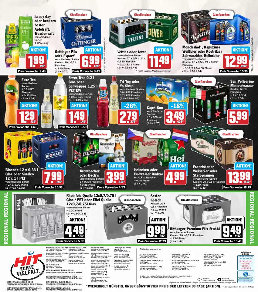 Aktueller Prospekt Hit - Wochenprospekt - von 05.05 bis 10.05.2025 - strona 21 - produkty: Alwa, angebot, angebote, apfel, apfelsaft, auer, Bad, Beckers Bester, bier, bio, bionade, bitburger, braun, budweiser, burger, Cap, capri-sun, eimer, eis, elle, Engel, fever-tree, fisch, flasche, franziskaner, fuze tea, glasflasche, Happy Day, heineken, jever, kellerbier, köstritzer, krombache, krombacher, Lübecker, mineralwasser, mönchshof, oettinger, pils, premium pils, Rauch, reis, rheinfels quelle, saft, san pellegrino, schweppes, sinalco, sirup, Staropramen, Ti, trauben, Traubensaft, uhr, veltins, wasser, weissbier, Yo, ZTE