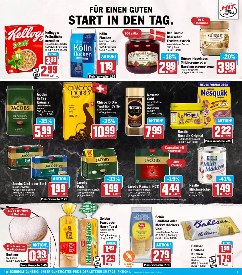 Aktueller Prospekt Hit - Wochenprospekt - von 05.05 bis 10.05.2025 - strona 3 - produkty: aufstrich, bahlsen, berliner, Blüte, bohne, brot, cerealien, comtess, comtess kuchen, coupon, creme, den gamle, eis, espresso, frucht, fruchtaufstrich, gin, golden toast, haselnuss, Haselnusscreme, jacobs, kaffee, kölln, kuchen, löslicher kaffee, Meister, milch, nescafe, nespresso, nesquik, nestlé, nuss, reis, Ti, toast, vita, ZTE