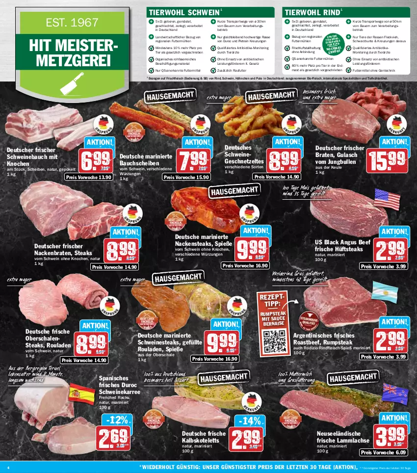 Aktueller Prospekt Hit - Wochenprospekt - von 05.05 bis 10.05.2025 - strona 4 - produkty: auer, Bau, bauchscheiben, Bauer, beef, bio, braten, eis, ente, fleisch, Geflügel, geschnetzeltes, gulasch, hüftsteak, hüftsteaks, jungbullen, kalbskotelett, kotelett, lachs, lack, lamm, lammlachse, mais, Meister, milch, monitor, Nackensteak, nackensteaks, natur, Nestea, pute, reis, Ria, rind, rindfleisch, ring, roastbeef, rouladen, rum, rumpsteak, sauce, Schal, Schale, schwein, schweine, Schweinebauch, Spezi, Sport, steak, steaks, Ti, Tiere, tisch, wein, weine, Zelt, ZTE