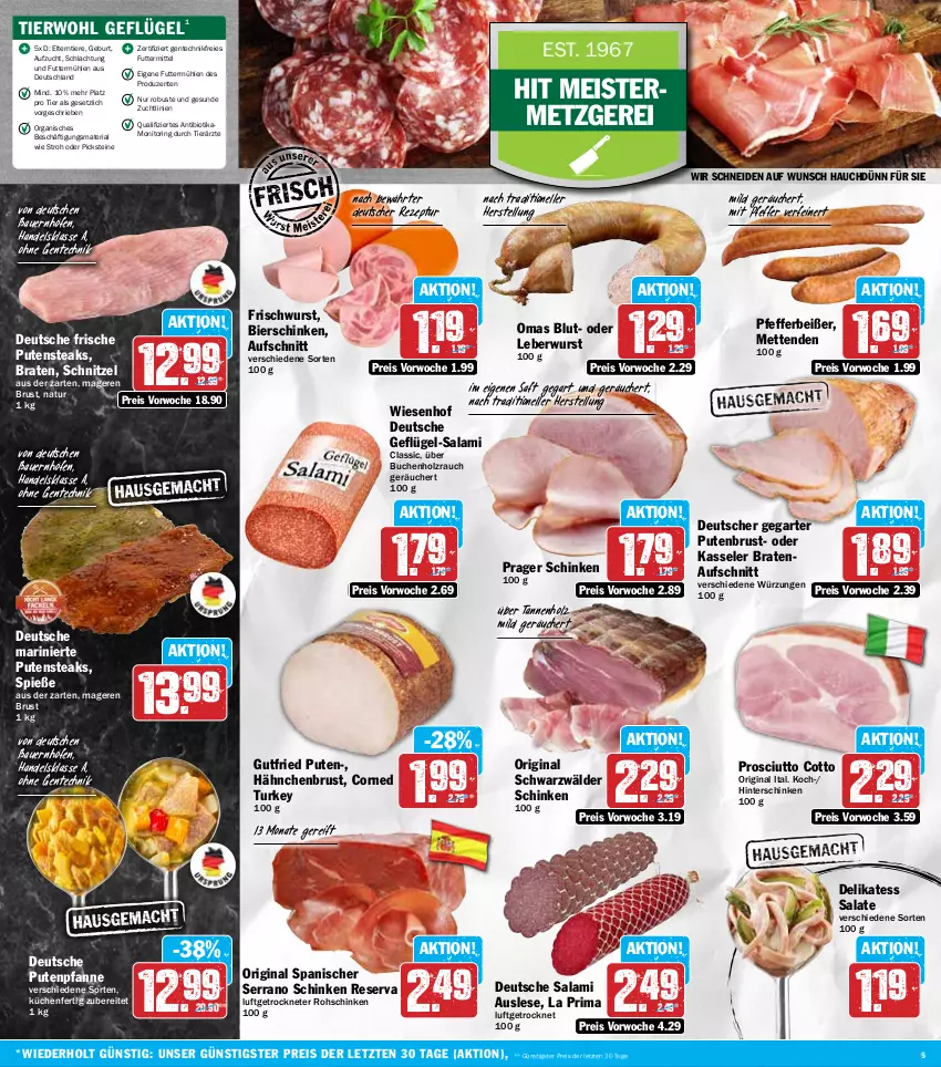 Aktueller Prospekt Hit - Wochenprospekt - von 05.05 bis 10.05.2025 - strona 5 - produkty: auer, aufschnitt, Bau, Bauer, bier, bierschinken, bio, braten, bratenaufschnitt, buch, eis, elle, ente, Geflügel, gin, gutfried, hähnchenbrust, hinterschinken, Holz, kasseler, küche, Küchen, leberwurst, Meister, Mett, metten, Mettenden, monitor, natur, pfanne, pfeffer, Pfefferbeißer, prosciutto, prosciutto cotto, pute, putenbrust, putensteaks, Rauch, reis, rezept, Ria, ring, rohschinken, saft, salami, salat, salate, schinken, schnitzel, schwarzwälder schinken, serrano, serrano schinken, steak, steaks, Ti, Tiere, wiesenhof, wurst, ZTE
