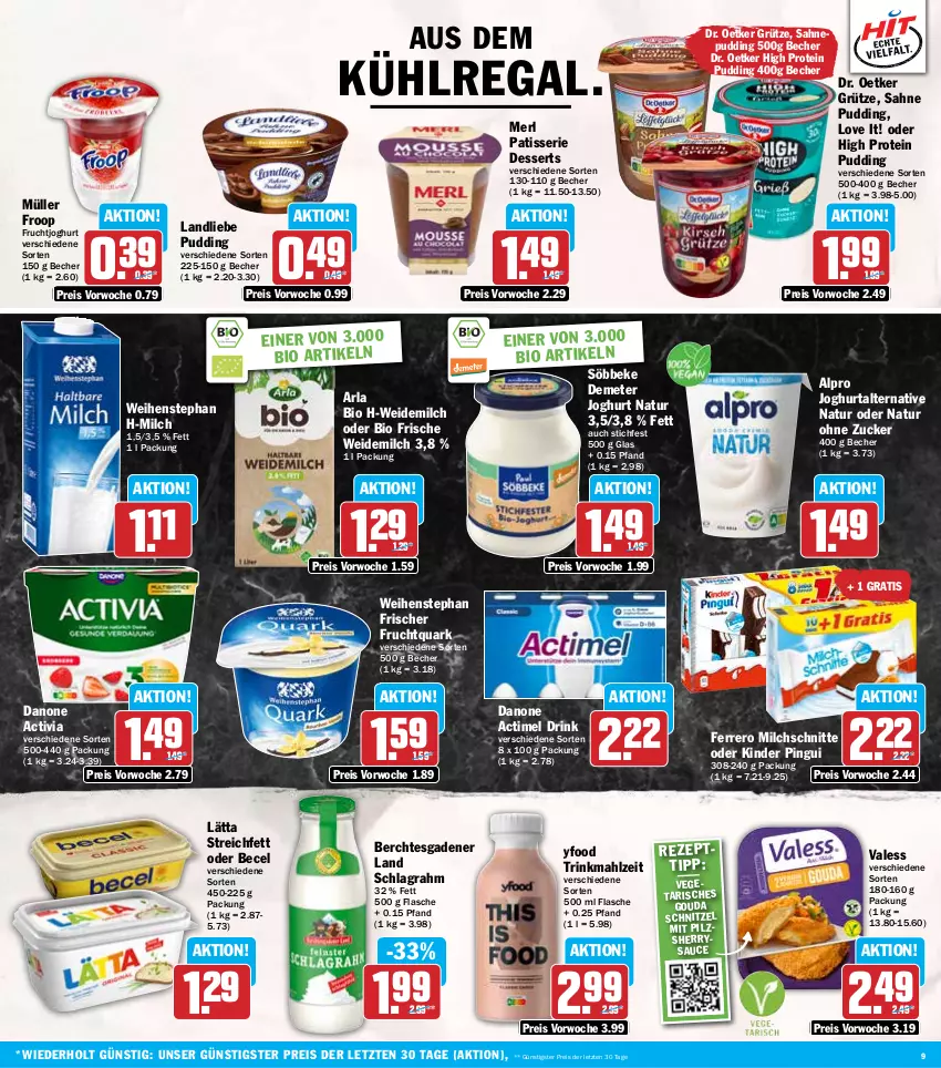 Aktueller Prospekt Hit - Wochenprospekt - von 05.05 bis 10.05.2025 - strona 9 - produkty: actimel, actimel drink, activia, alpro, arla, becel, Becher, bio, danone, danone actimel drink, danone activia, dessert, desserts, Dr. Oetker, drink, eis, ferrero, flasche, froop, frucht, fruchtjoghurt, Fruchtquark, gouda, grütze, joghur, joghurt, Kinder, kinder pingui, kühlregal, landliebe, lätta, merl, milch, Milchschnitte, Müller, müller froop, natur, pingui, pudding, quark, regal, reis, sahne, sauce, schlagrahm, schnitzel, söbbeke, Ti, Vegeta, weidemilch, weihenstephan, ZTE, zucker