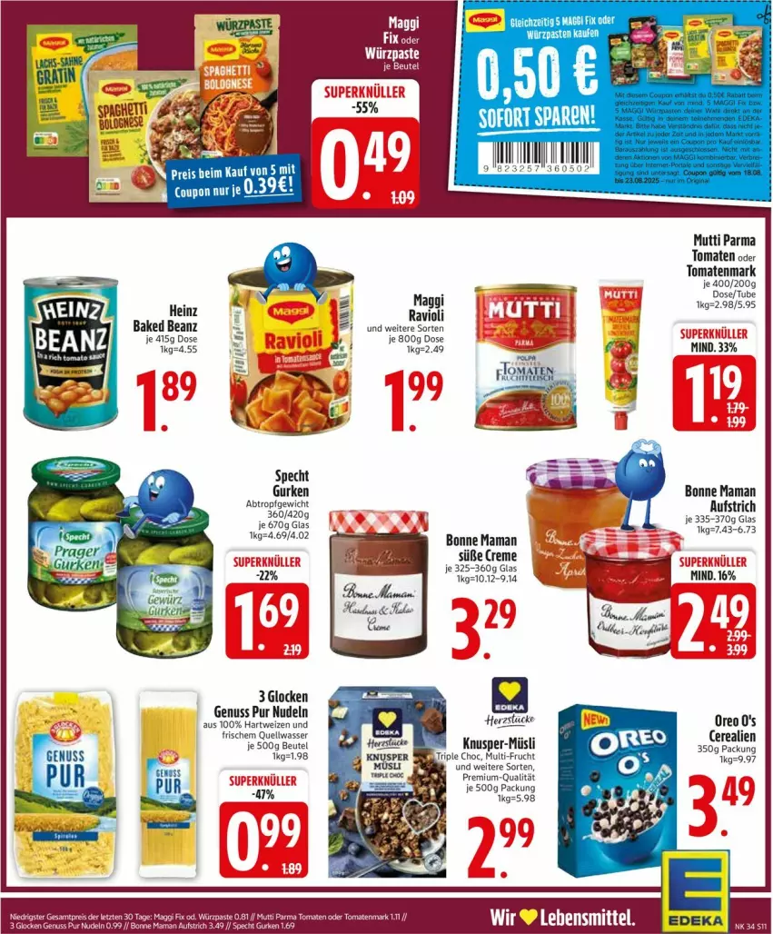 Aktueller Prospekt Edeka - Prospekte - von 18.08 bis 23.08.2025 - strona 13 - produkty: aufstrich, beanz, beutel, bonne maman, creme, eis, gurke, gurken, hartweizen, heinz, knusper-müsli, lebensmittel, maggi, mam, müsli, Mutti, nudel, nudeln, nuss, oreo, ravioli, specht, Ti, tomate, tomaten, tomatenmark, wasser