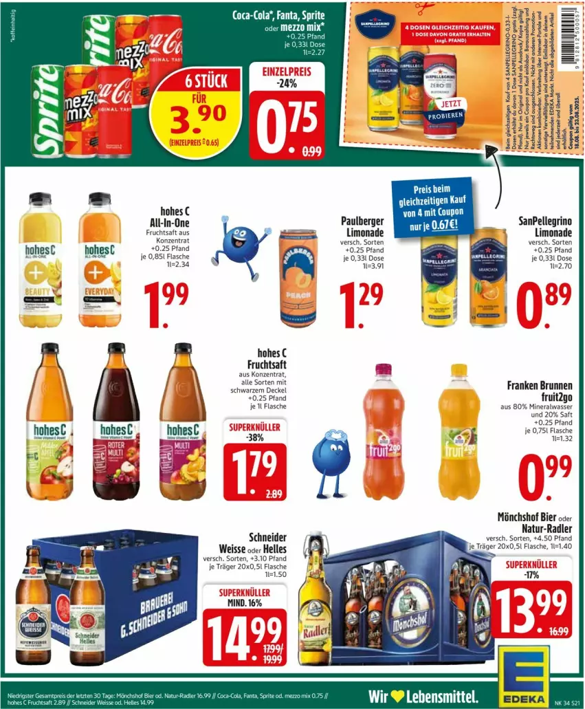 Aktueller Prospekt Edeka - Prospekte - von 18.08 bis 23.08.2025 - strona 23 - produkty: Alwa, Berger, bier, brunnen, coupon, decke, Deckel, deka, eis, elle, flasche, franken brunnen, frucht, fruchtsaft, Hohes C, limo, limonade, mineralwasser, mönchshof, natur, radler, saft, sanpellegrino, wasser
