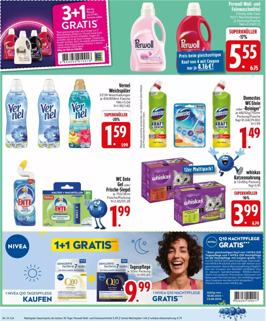 Aktueller Prospekt Edeka - Prospekte - von 18.08 bis 23.08.2025 - strona 26 - produkty: deka, domestos, eis, ente, feinwaschmittel, flasche, katzennahrung, nachtpflege, nivea, perwoll, Q10, reiniger, reis, rel, Tagespflege, Ti, vernel, waschmittel, wc ente, weichspüler, whiskas, ZTE