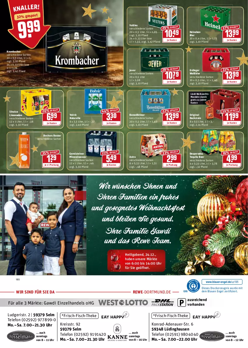 Aktueller Prospekt Rewe - Diese Woche im Angebot! - von 20.12 bis 24.12.2021 - strona 24 - produkty: Alwa, Astra, auer, Beckers Bester, Benediktiner, bier, desperados, drucker, Duck, eis, elle, Engel, erdinger, fisch, gerolsteine, gerolsteiner, gin, heineken, jever, kerze, krombache, krombacher, limo, limonade, limonaden, lindt, mandel, mandeln, mineralwasser, natur, reis, reiss, rel, sinalco, steiner, telefon, tequila, Ti, uhr, veltins, volvic, wasser