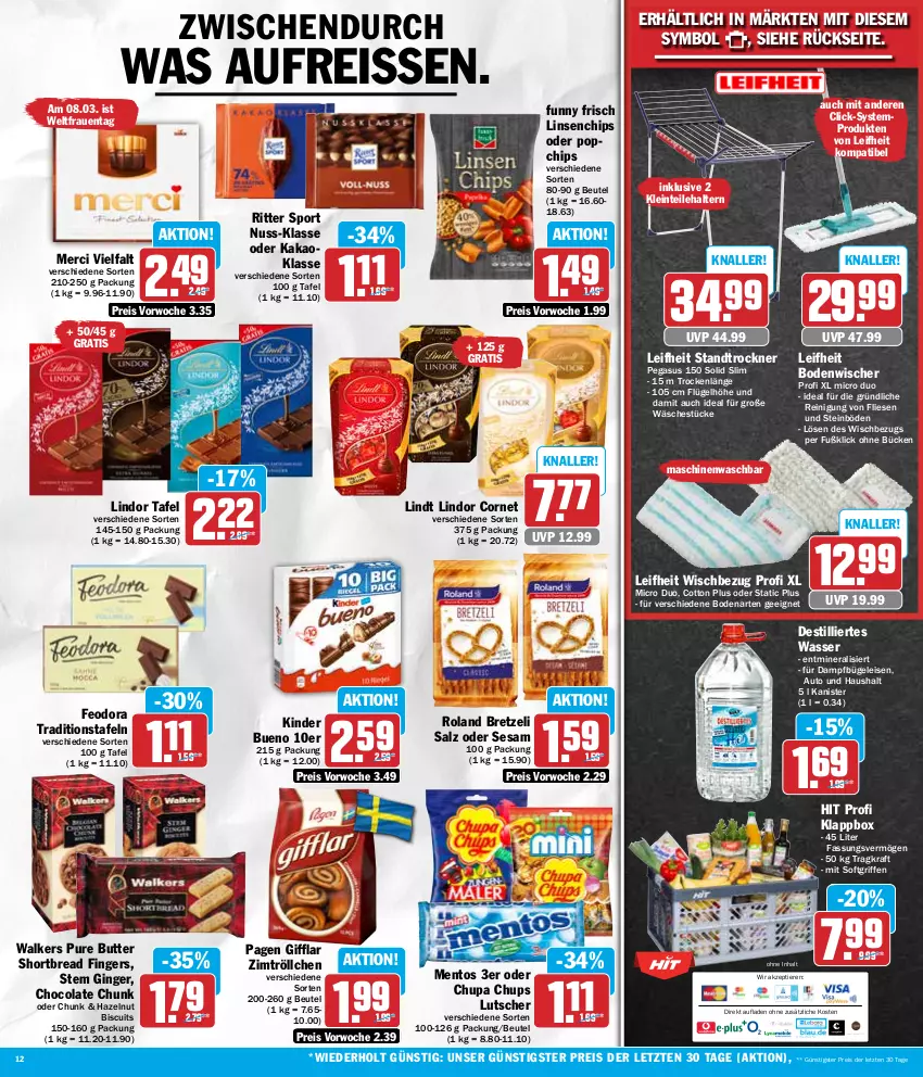 Aktueller Prospekt Hit - Wochenprospekt - von 04.03 bis 09.03.2024 - strona 12 - produkty: asus, auto, beutel, bodenwischer, bügel, Bügeleisen, butter, chips, chupa, chupa chups, cola, dampfbügeleisen, eis, Funny Frisch, gin, ginger, kakao, Kinder, kinder bueno, Klappbox, kraft, leifheit, lindor, lindt, linsen, Lutscher, mentos, merci, nuss, Reinigung, reis, reiss, ritter, ritter sport, salz, sesam, Sport, Ti, Tiere, Trockner, wasser, ZTE