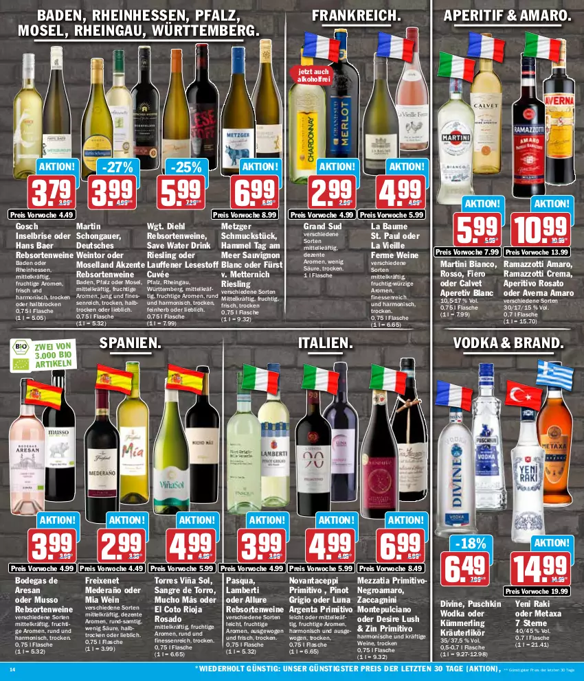 Aktueller Prospekt Hit - Wochenprospekt - von 04.03 bis 09.03.2024 - strona 14 - produkty: ACC, alkohol, amaro, Amber, aperitif, aperitivo rosato, auer, averna, Bad, Bau, bio, cuvée, drink, eis, ente, finesse, flasche, freixenet, frucht, grand sud, kräuter, kräuterlikör, likör, martini, merl, Metaxa, Mett, metternich, monte, Montepulciano, moselland, Pinot, pinot grigio, primitivo, puschkin wodka, rama, ramazzott, ramazzotti, rebsortenweine, reis, resa, riesling, rioja, rosato, sauvignon, sauvignon blanc, Schmuck, Ti, vodka, wein, weine, wodka, yeni raki, zott, ZTE