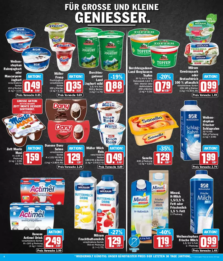 Aktueller Prospekt Hit - Wochenprospekt - von 04.03 bis 09.03.2024 - strona 8 - produkty: actimel, actimel drink, auer, aufstrich, Bau, Bauer, Becher, brot, brotaufstrich, butter, buttermilch, danone, danone actimel drink, Dany, dany sahne, dessert, drink, eis, frische milch, froop, frucht, fruchtjoghurt, gewürz, gewürzquark, joghur, joghurt, joghurt mild, leine, mascarpone, milch, milram, monte, Müller, müller froop, quark, rahmjoghurt, reis, sahne, schlagrahm, Ti, topf, Topfen, weihenstephan, zott, Zott Monte, ZTE