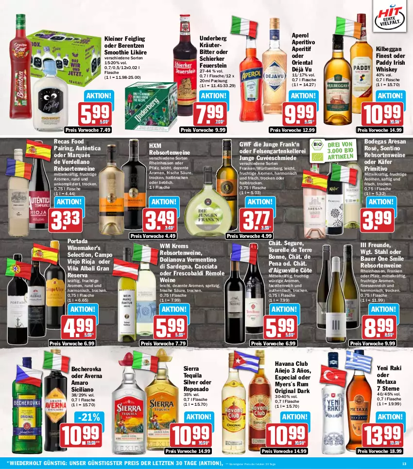 Aktueller Prospekt Hit - Wochenprospekt - von 30.06 bis 05.07.2025 - strona 13 - produkty: ACC, aldi, amaro, aperitif, aperol, auer, averna, Bau, Bauer, Becher, Becherovka, berentzen, bio, campo viejo, cuvée, dell, eis, elle, ente, erde, finesse, flasche, frucht, Garten, gin, Havana Club, hero, irish whiskey, käfer, kilbeggan, kleiner feigling, kräuter, leine, likör, Metaxa, primitivo, rebsortenweine, reis, rel, resa, ring, rioja, rum, saft, Sierra, sierra tequila, smoothie, tequila, Ti, tisch, underberg, wein, weine, whiskey, yeni raki, ZTE
