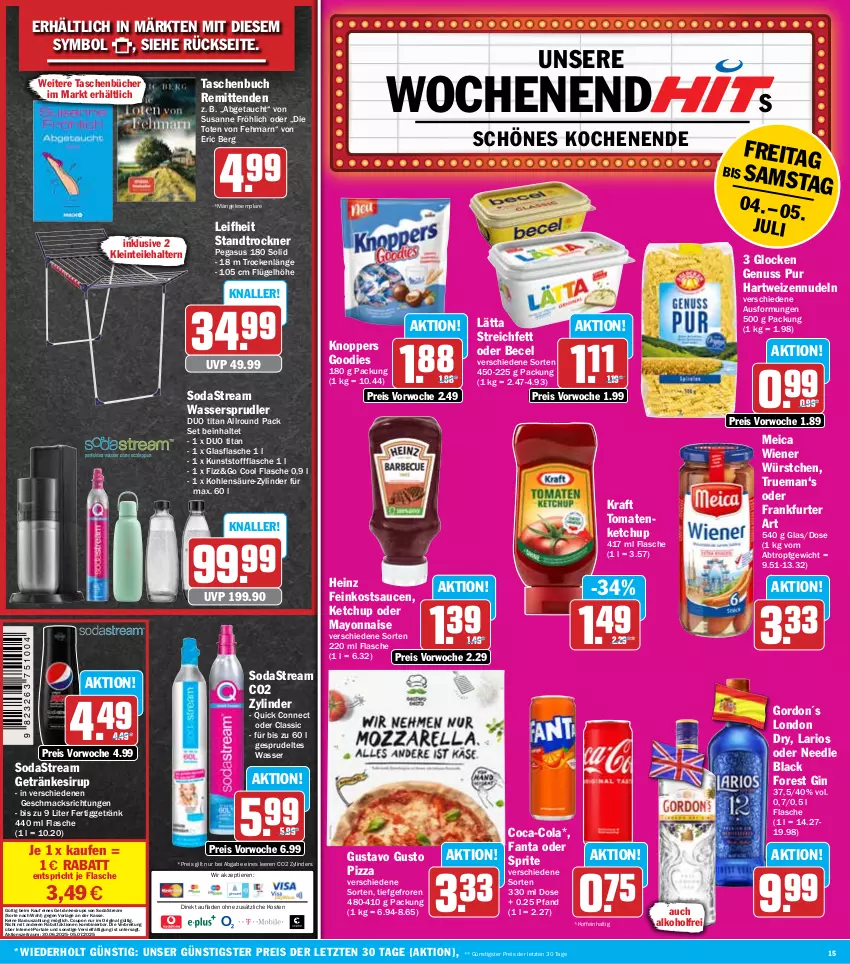 Aktueller Prospekt Hit - Wochenprospekt - von 30.06 bis 05.07.2025 - strona 15 - produkty: alkohol, asus, becel, black forest, Brei, buch, coca-cola, cola, coupon, eis, fanta, fanta oder, feinkost, flasche, frankfurter, getränk, getränke, getränkesirup, gin, glasflasche, gordon, hartweizen, heinz, ketchup, knoppers, kraft, lack, lätta, leifheit, london dry, mac, mayonnaise, meica, nudel, nudeln, nuss, pizza, reis, sauce, saucen, sirup, Soda, sodastream, sprite, Sprudel, Tasche, taschen, Taschenbuch, Ti, Tiere, tomate, tomaten, tomatenketchup, Trockner, wasser, wassersprudler, wiener, wiener würstchen, würstchen, Yo, ZTE