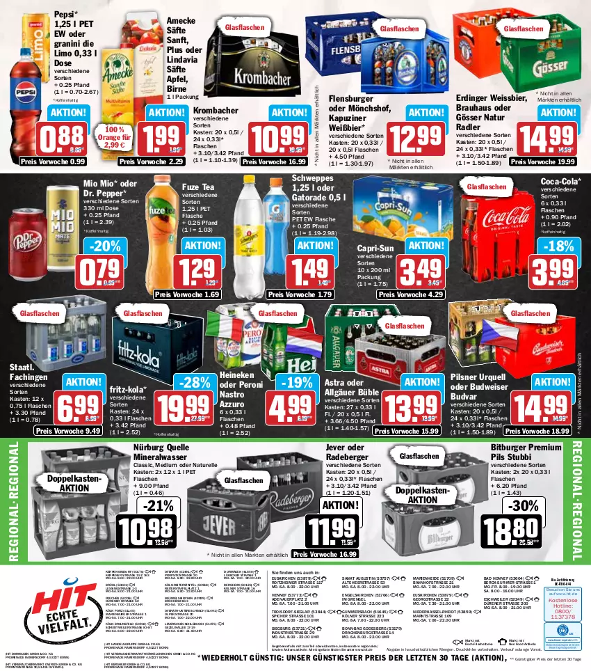 Aktueller Prospekt Hit - Wochenprospekt - von 30.06 bis 05.07.2025 - strona 19 - produkty: Alwa, amecke, angebot, angebote, apfel, Astra, auer, Bad, Berger, bier, bio, bitburger, braun, budweiser, burger, Cap, capri-sun, coca-cola, cola, eimer, eis, elle, Engel, erdinger, fisch, flasche, flensburger, fritz, fritz-kola, fuze tea, glasflasche, gösser, granini, granini die limo, heineken, jever, krombache, krombacher, LG, limo, Lübecker, mineralwasser, Mio Mio, mönchshof, natur, natur radler, orange, pepsi, Peroni, pils, pilsner, premium pils, radeberger, radler, Rauch, reis, rel, säfte, schweppes, Staatl. Fachingen, Ti, uhr, wasser, weissbier, ZTE