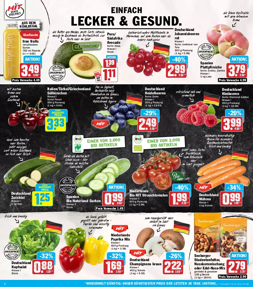 Aktueller Prospekt Hit - Wochenprospekt - von 30.06 bis 05.07.2025 - strona 2 - produkty: auer, aufstrich, aus dem kühlregal, avocado, beere, beeren, Berger, beutel, bio, bio hit, braten, braun, brot, brotaufstrich, butter, champignon, champignons, champignons braun, discount, eis, ente, fisch, flasche, fleisch, frucht, fruchtfleisch, glasflasche, grill, gurke, gurken, heidelbeere, heidelbeeren, himbeer, himbeere, himbeeren, joghur, joghurt, johannisbeere, Johannisbeeren, kirsch, kirsche, kirschen, kopfsalat, kuchen, kühlregal, kühlschrank, LG, mac, marmelade, möhren, natur, naturland, nudel, Nudelgericht, nuss, obst, paprika, paprika mix, pasta, Pfannkuchen, pfirsich, pfirsiche, plattpfirsiche, Rauch, regal, reis, rwe, salat, salate, salz, Schal, Schale, Schrank, seeberger, snack, strauchtomaten, studentenfutter, Ti, tisch, tomate, tomaten, true fruits, ZTE, zucchini