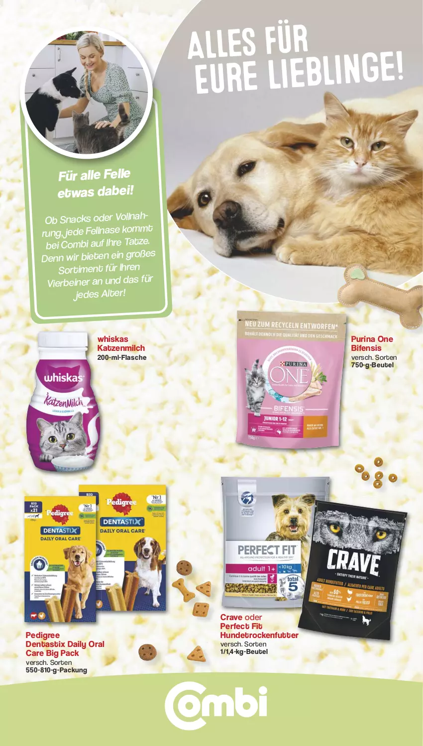 Aktueller Prospekt Combi - Prospekte - von 07.10 bis 12.10.2024 - strona 4 - produkty: asti, beutel, dentastix, elle, flasche, katzenmilch, milch, pedigree, Perfect Fit, purina, snack, snacks, Ti, trockenfutter, whiskas