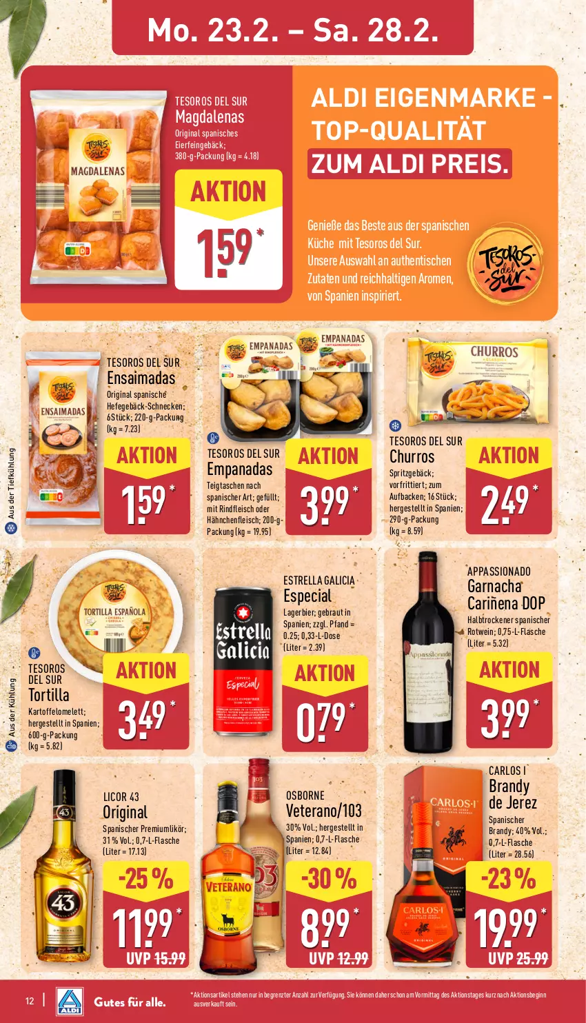 Aktueller Prospekt Aldi Nord - Von Montag - von 23.02 bis 28.02.2026 - strona 12 - produkty: aldi, arlo, aus der tiefkühlung, bier, eier, eis, flasche, fleisch, gin, Hähnchenfleisch, Hefe, kartoffel, küche, Lagerbier, licor, licor 43, likör, osborne, reis, rel, rind, rindfleisch, rotwein, Spritzgebäck, Tasche, taschen, Ti, tisch, tortilla, veterano, wein, ZTE