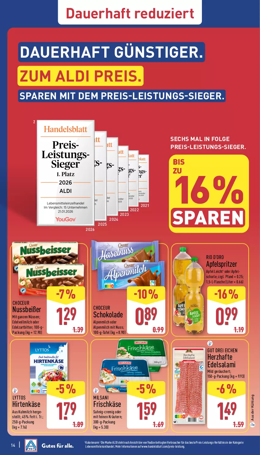 Aktueller Prospekt Aldi Nord - Von Montag - von 23.02 bis 28.02.2026 - strona 14 - produkty: aldi, alpenmilch, apfel, Apfelschorle, Apfelspritzer, auer, Edelsalami, eis, flasche, frischkäse, hirtenkäse, Käse, kräuter, kräutern, lebensmittel, LG, milch, nuss, Rauch, reis, salami, schoko, schokolade, schorle, Ti, vollmilch, Yo