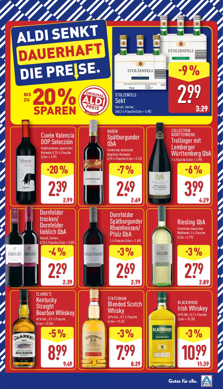 Aktueller Prospekt Aldi Nord - Von Montag - von 23.02 bis 28.02.2026 - strona 16 - produkty: Bad, Berger, blended scotch, blended scotch whisky, bourbon, bourbon whiskey, burgunder, cuvée, dornfelder, flasche, irish whiskey, kentucky straight, lack, riesling, rotwein, scotch, scotch whisky, sekt, spätburgunder, Ti, trolli, trollinger, tuc, wein, Weißwein, whiskey, whisky