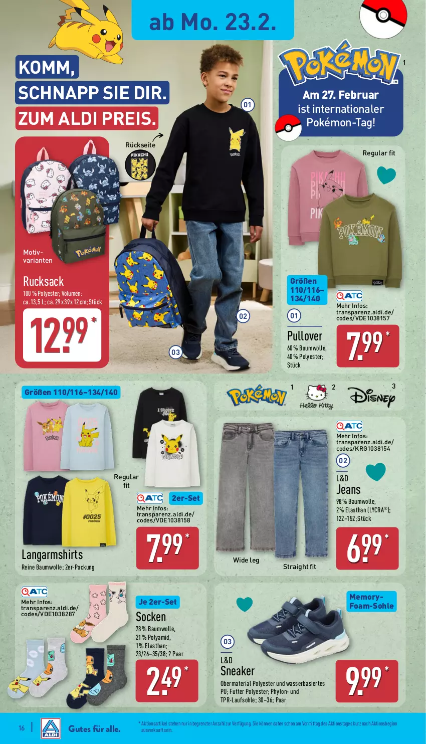 Aktueller Prospekt Aldi Nord - Von Montag - von 23.02 bis 28.02.2026 - strona 19 - produkty: aldi, Bau, baumwolle, eis, gin, Hylo, jeans, Langarmshirt, Pullover, reine baumwolle, reis, Ria, rucksack, sac, shirt, shirts, sneaker, socken, Ti, wasser, wolle, ZTE