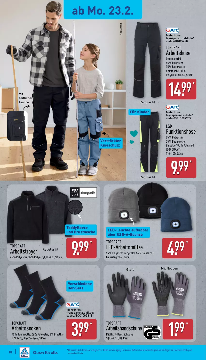 Aktueller Prospekt Aldi Nord - Von Montag - von 23.02 bis 28.02.2026 - strona 21 - produkty: aldi, Arbeitssocken, Bau, baumwolle, buch, gin, handschuhe, hose, Kinder, LED-Leuchte, Leuchte, Mütze, Ria, schuhe, socken, Tasche, Ti, usb, wolle, ZTE