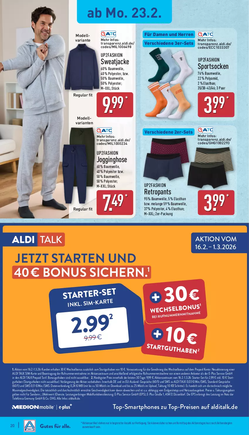Aktueller Prospekt Aldi Nord - Von Montag - von 23.02 bis 28.02.2026 - strona 23 - produkty: aldi, aldi talk, Bau, baumwolle, dell, eis, Elan, Germ, gin, hose, Jacke, Jogginghose, LG, Mode, Pants, reis, Retropants, Ria, ring, rwe, sim, smartphone, smartphones, socken, Sport, sportsocken, sweatjacke, Ti, top-preis, top-smartphone, up2fashion, usb, wolle, ZTE