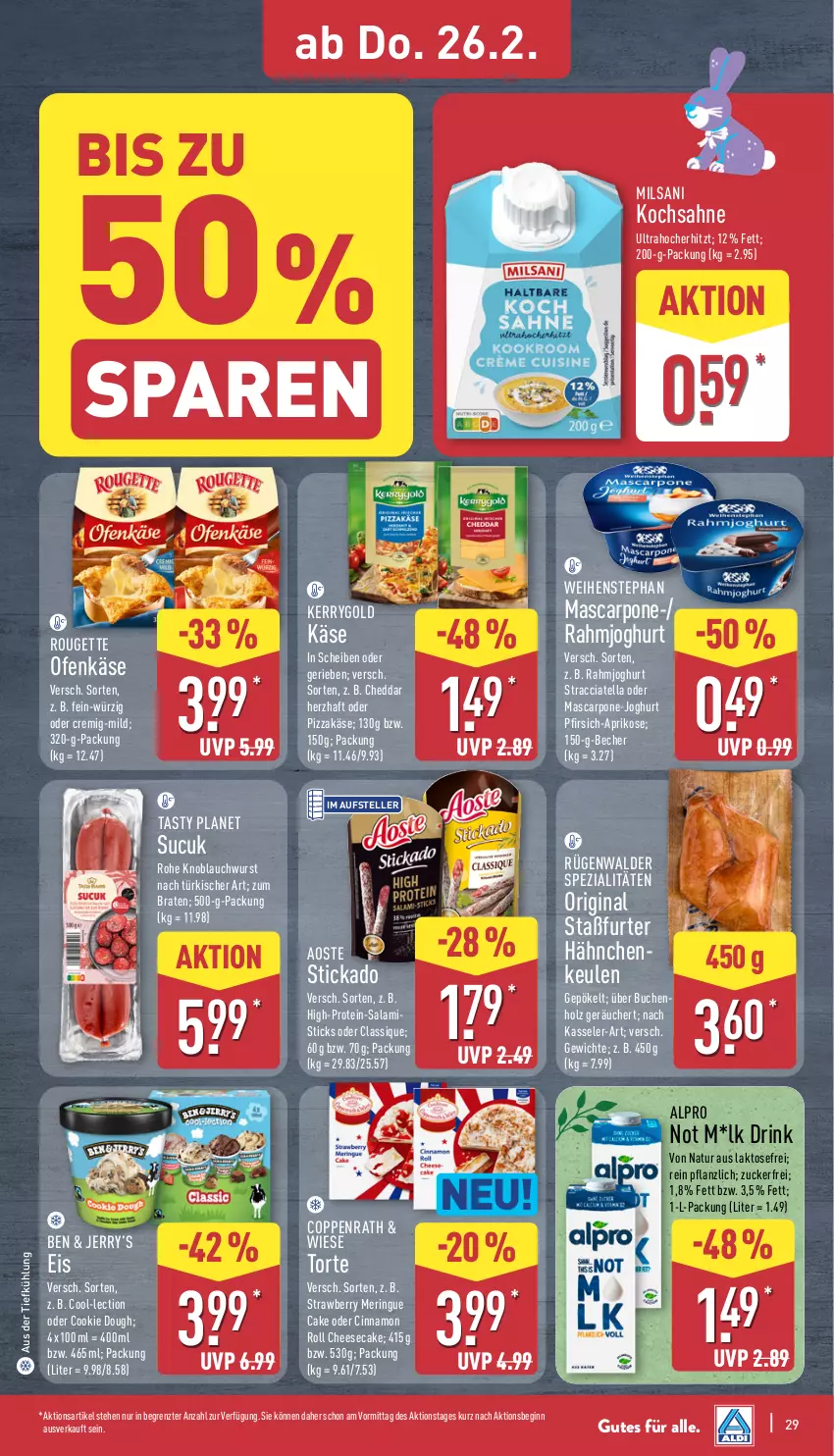 Aktueller Prospekt Aldi Nord - Von Montag - von 23.02 bis 28.02.2026 - strona 32 - produkty: ACC, alpro, aoste stickado, aprikose, aus der tiefkühlung, Becher, braten, buch, cheddar, cheesecake, cin, cookie, cookie dough, coppenrath, drink, eis, elle, gin, Holz, joghur, joghurt, Käse, kasseler, kerrygold, knoblauch, mascarpone, natur, Ofen, Ofenkäse, pfirsich, pizza, rahmjoghurt, ring, rouge, rougette, rügenwalder, sahne, salami, Spezi, stickado, Sucuk, teller, Ti, torte, weihenstephan, wurst, ZTE, zucker