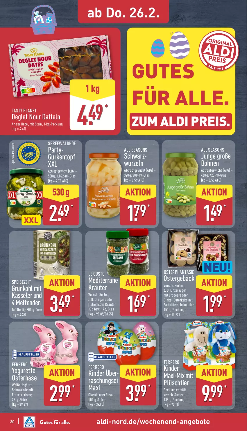 Aktueller Prospekt Aldi Nord - Von Montag - von 23.02 bis 28.02.2026 - strona 33 - produkty: aldi, angebot, angebote, beere, bohne, bohnen, Datteln, eis, elle, erdbeere, ferrero, gurke, gurken, joghur, joghurt, kasseler, keks, Kinder, Kinder Maxi, kräuter, Mett, metten, Mettenden, Plüsch, reis, schoko, schokolade, spreewälder, spreewaldhof, teller, Ti, topf, Yo, yogurette, Zartbitterschokolade